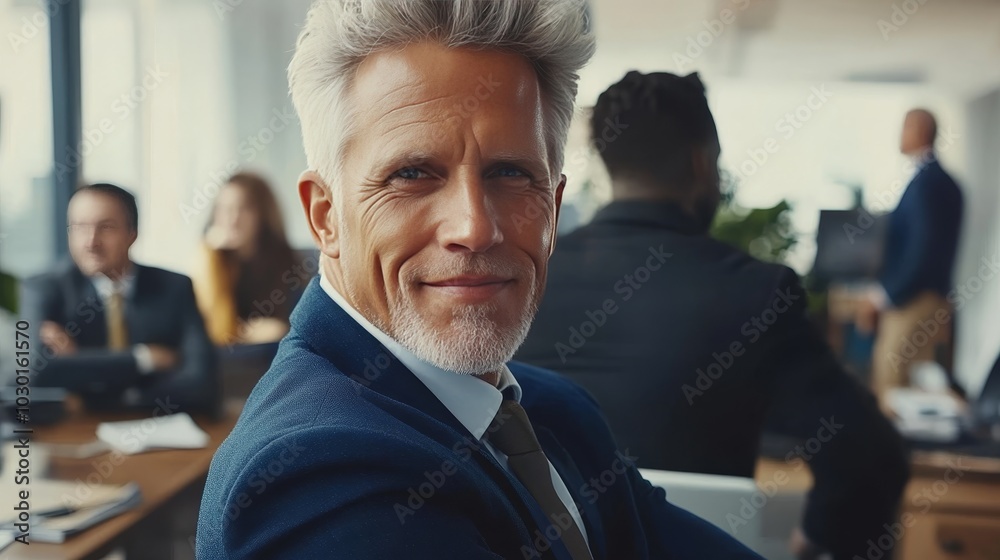 Confident businessman smiling in modern office, reflecting leadership and success in workplace. Confident businessman smiling in modern office, reflecting leadership and success in workplace.