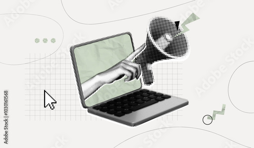 Trendy Halftone Collage Hand holding Megaphone from Laptop screen. Social media news and promotion concept. Announcing and marketing. Online news. Contemporary vector illustration art