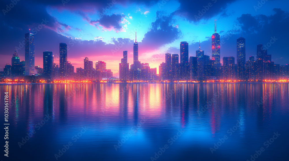 Vibrant Urban Skyline at Dusk Reflecting on Calm Waterfront with Colorful City Lights and Dramatic Cloudy Sky Vibrant Urban Skyline at Dusk Reflecting on Calm Waterfront with Colorful City Lights and Dramatic Cloudy Sky