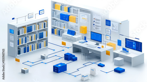Comprehensive Document Lifecycle Management Illustration from Creation and Collaboration to Storage and Archiving in Modern Office Setting