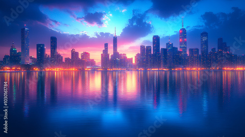 Vibrant Urban Skyline at Dusk Reflecting on Calm Waterfront with Colorful City Lights and Dramatic Cloudy Sky