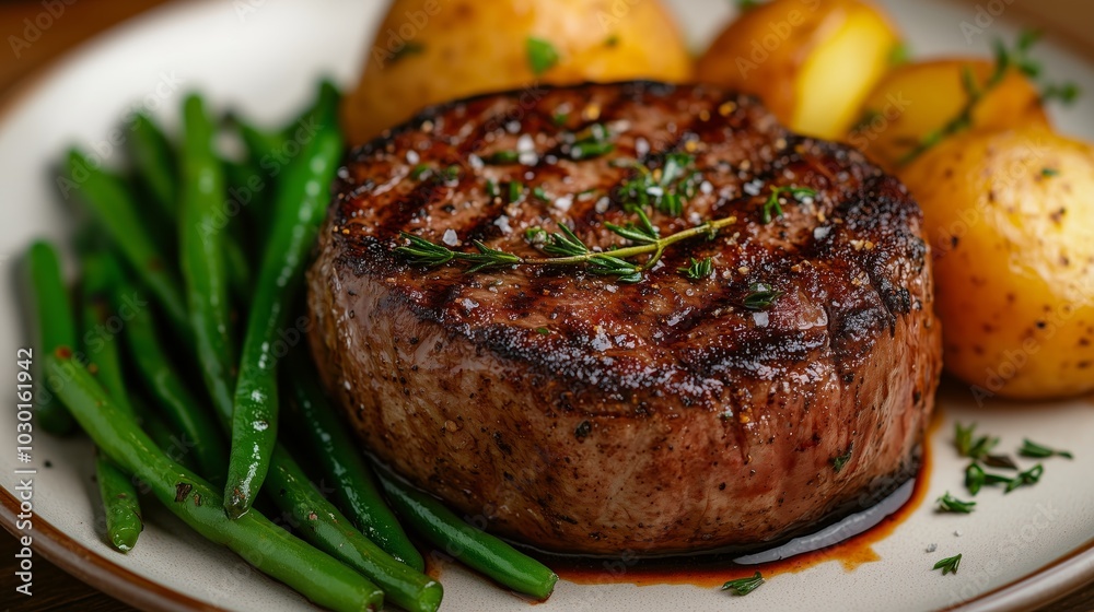 A juicy filet mignon round steak with green beans and potatoes on the side, in an upscale restaurant setting A juicy filet mignon round steak with green beans and potatoes on the side, in an upscale restaurant setting