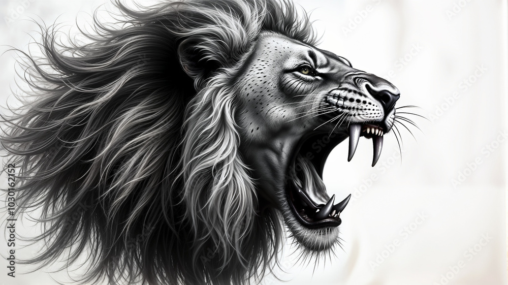 Obraz premium Lion head with open mouth. Black and white.