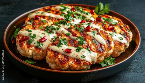 Grilled cauliflower steaks drizzled with creamy sauce and garnished with fresh herbs and red pomegranate seeds.