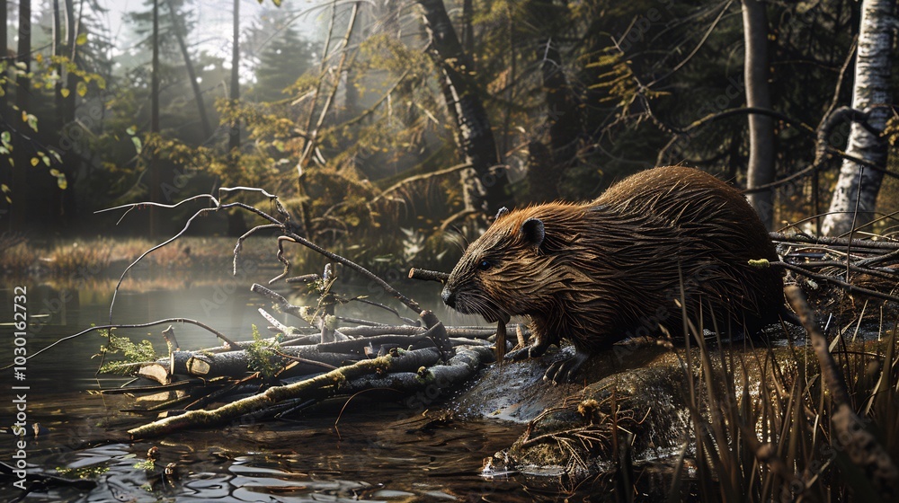 Beaver by the Pond in a Misty Forest