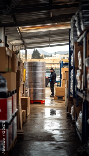 Warehouse worker checking inventory in a storage room with boxes and industrial equipment.