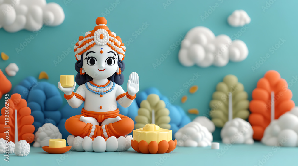 Fototapeta premium A vibrant figurine representing a deity, adorned in colorful traditional attire, sitting amidst a playful scenery of trees and clouds, evoking a sense of joy and celebration.