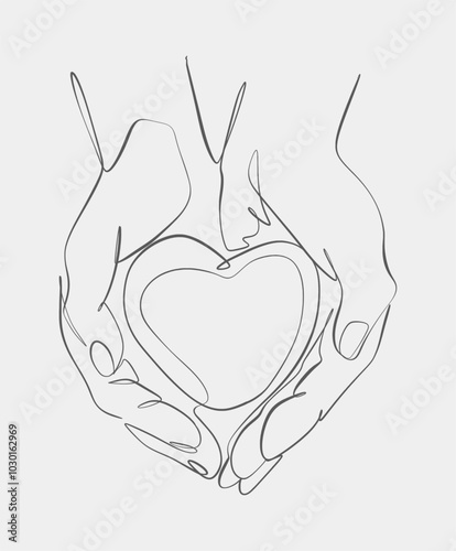 Simple line art of hands gently holding a heart shape, representing love, protection, and care in a minimalist, black-and-white style.