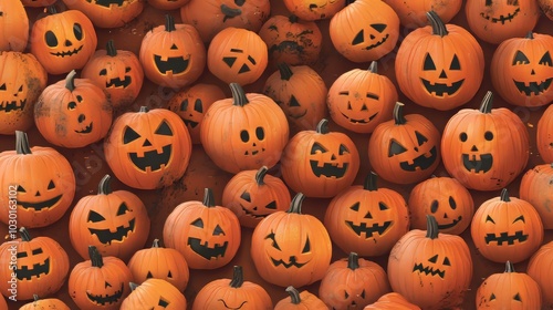 A Halloween backdrop with lots of carved pumpkins, each with a spooky face.
