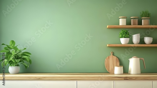A kitchen with a white wooden table and a green wall. There's a wooden shelf and a counter in the background, perfect for displaying food or products. The table top is ideal for mockups or templates.