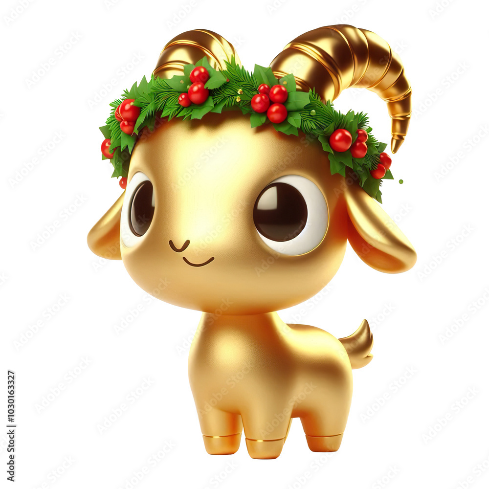 Fototapeta premium cartoon 3d render gold goat, mysterious eyes cute happy with a Christmas wreath on her head, full body, white background isolated PNG