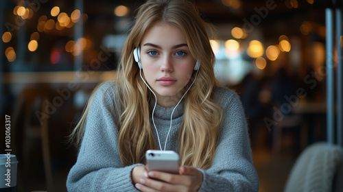 A young woman wearing earphones and holding an phone with white headphones, is sitting at a table in a modern cafe