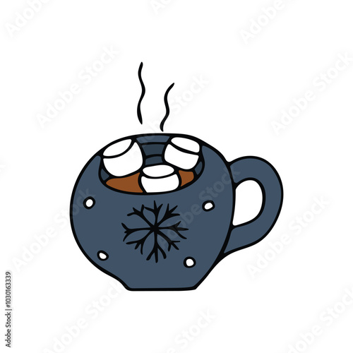 Doodle illustration of a blue cocoa mug with marshmallows. A Christmas drink. A hot drink.
