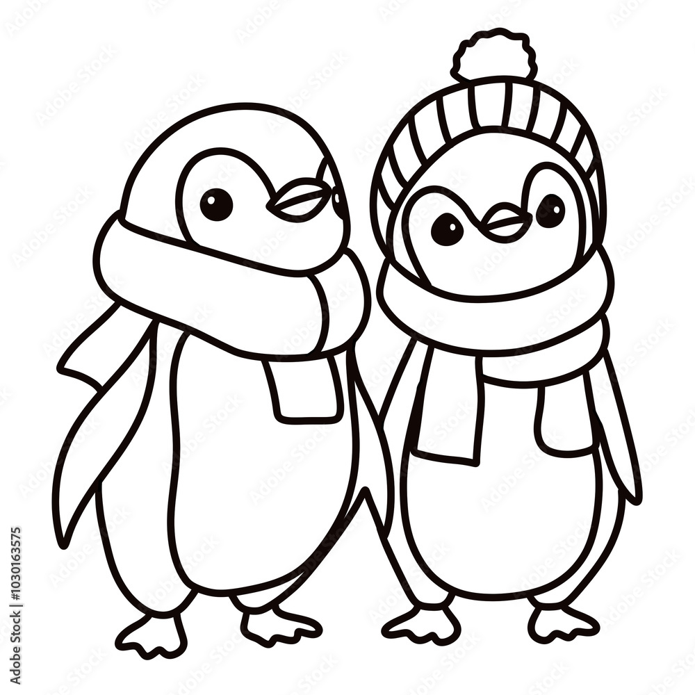 This festive illustration of two pinguins in Christmas hats adds warmth and joy to holiday-themed coloring books, greeting cards, or seasonal crafts This festive illustration of two pinguins in Christmas hats adds warmth and joy to holiday-themed coloring books, greeting cards, or seasonal crafts