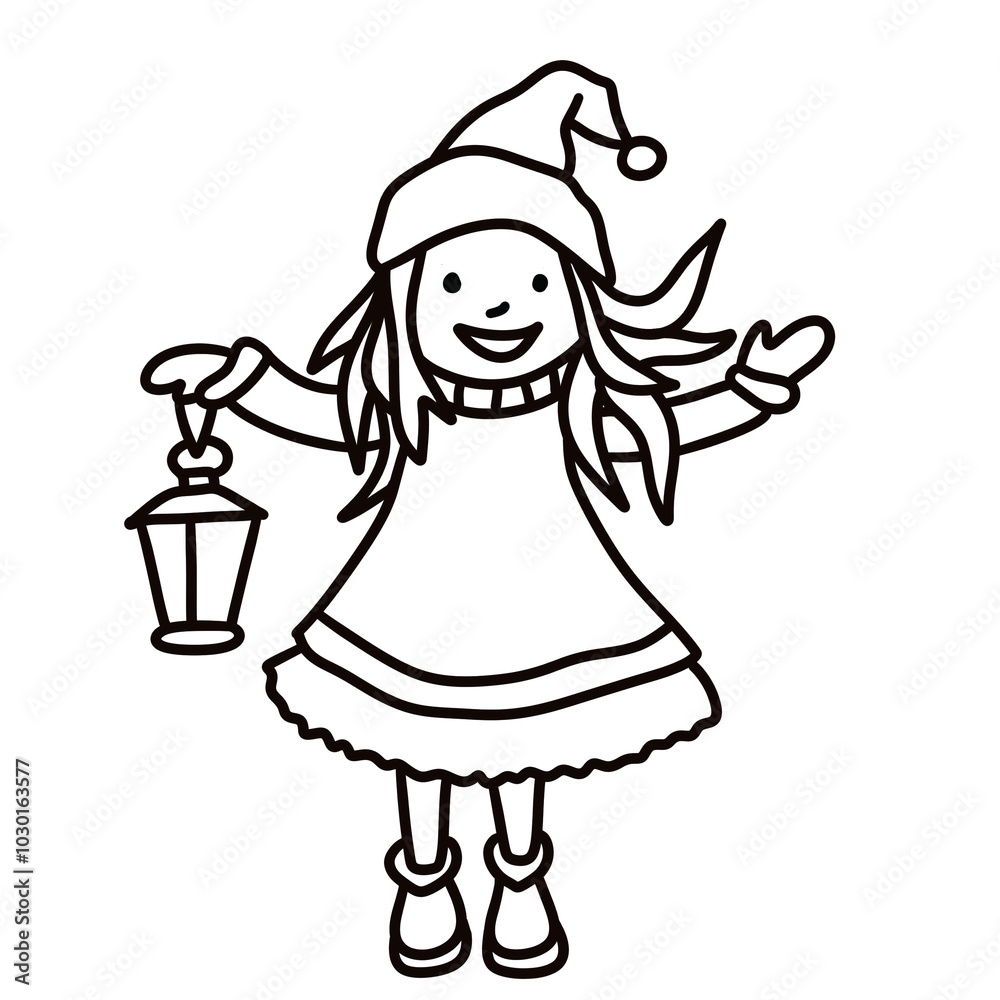 Fototapeta premium A cheerful girl in a holiday hat holding a lantern, perfect for Christmas coloring activities, greeting cards, or winter-themed children’s illustrations
