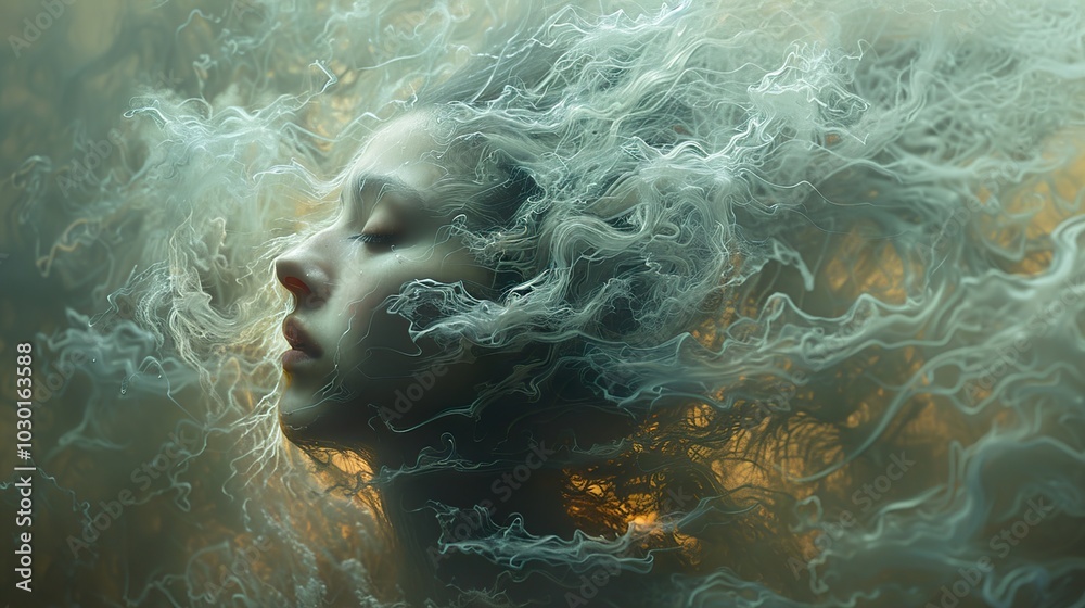 Dreamy Portrait of a Woman Surrounded by Abstract Whimsical Lines