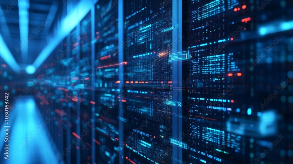 Server Racks Illuminated with Blue and Red Lights in a Data Center Server Racks Illuminated with Blue and Red Lights in a Data Center