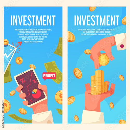 Collection of two vertical banner template. Investment hand drawn flat compositions