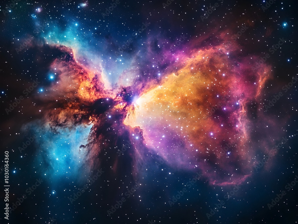 A breathtaking view of a nebula, a swirling cloud of gas and dust, glowing in hues of blue, orange, and pink against a backdrop of countless stars. A breathtaking view of a nebula, a swirling cloud of gas and dust, glowing in hues of blue, orange, and pink against a backdrop of countless stars.