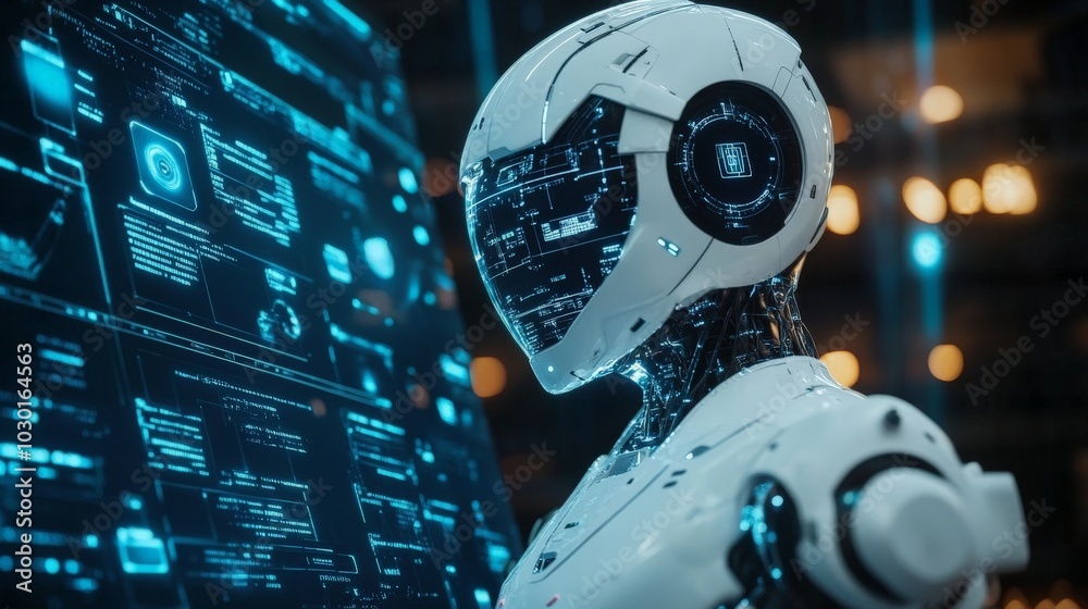 A humanoid robot with a white helmet and blue glowing screen in front of a digital interface.
