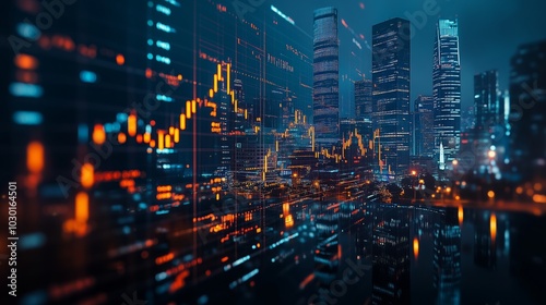 A digital background featuring financial charts and graphs, representing stock market data orhibocha grid with glowing light effects on the right side of composition