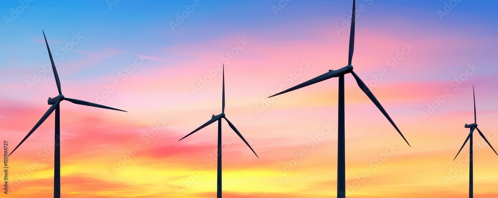 Fototapeta premium Serene wind farm at dusk, expansive sky perfect for text overlay and creative projects.