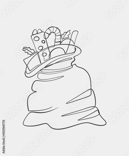 A simple black and white minimalist sketch of a Christmas gift sack filled with presents, candy canes, and holly leaves, symbolizing holiday giving.