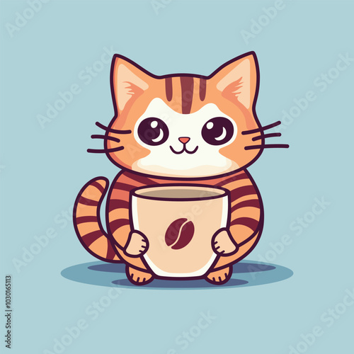 Cute Cat with cup of cofee vector illustration. Cute red kitten holding coffee glass in his paws
