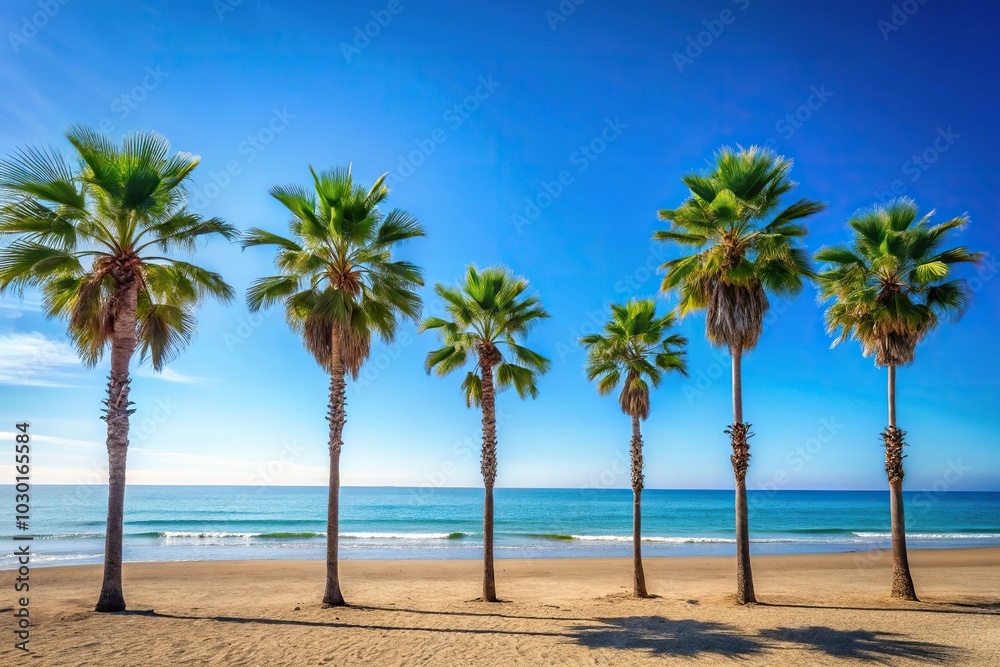 Minimalist palm trees and coastal blue sky beachfront landscape Minimalist palm trees and coastal blue sky beachfront landscape