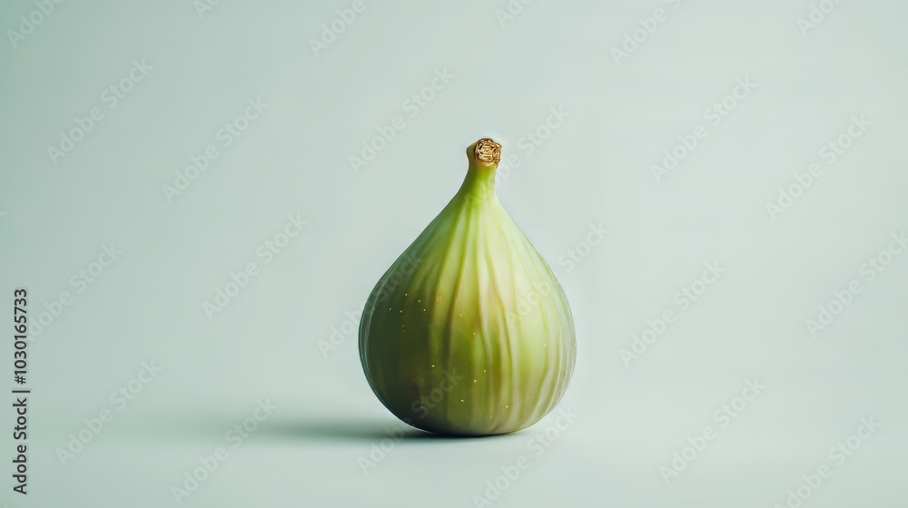 Fototapeta premium A single green fig, perfectly ripe, sits on a plain white background.
