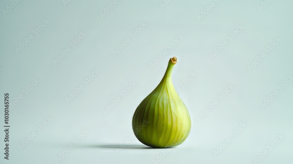 Fototapeta premium A single green fig, perfectly ripe, sits on a plain white background.