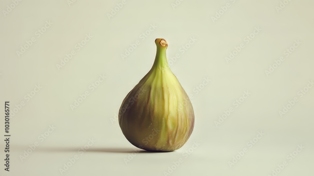 Fototapeta premium A single green fig, perfectly ripe, sits on a plain white background.