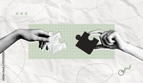 Trendy Halftone Collage Two Hands combine puzzle pieces. Teamwork and brainstorm concept. Business idea and solution. Partnership relationship. Contemporary art vector illustration