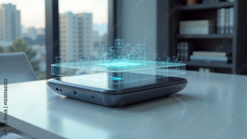 A sleek, futuristic smart device on a minimalist desk, with holographic interfaces and a clean, modern aesthetic, representing cutting-edge technology A sleek, futuristic smart device on a minimalist desk, with holographic interfaces and a clean, modern aesthetic, representing cutting-edge technology