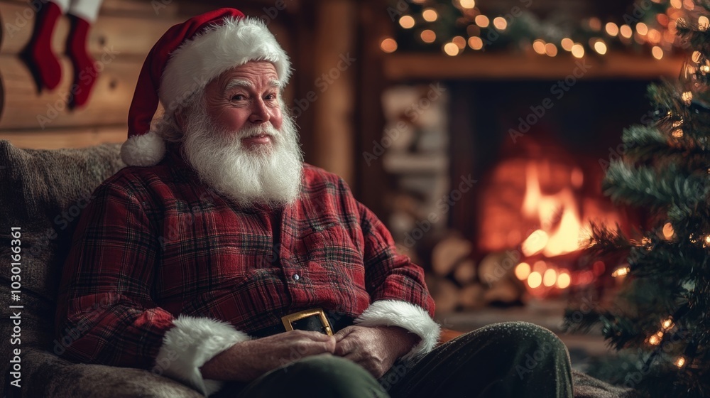 Cozy Santa Claus Enjoying the Holiday Cheer Next to a Warm Fireplace Surrounded by Christmas Decorations Cozy Santa Claus Enjoying the Holiday Cheer Next to a Warm Fireplace Surrounded by Christmas Decorations