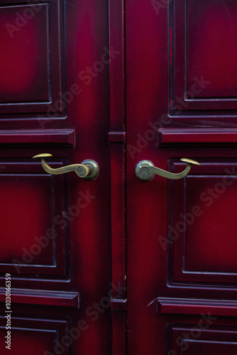 Street entrance red door with copper handles close-up. Restored entrance door, red antique door, entrance to a house or building