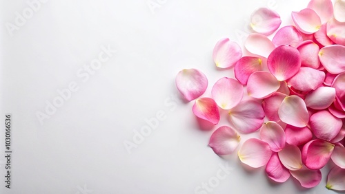 Minimalist pink rose petals frame with solid white background overlay texture