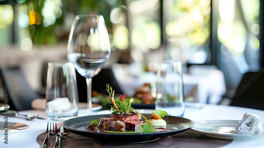 Gourmet food on a plate with a glass of wine.