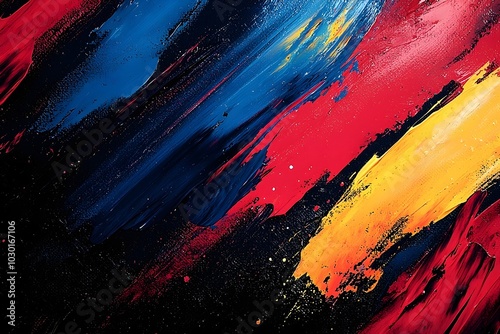 Abstract art featuring bold strokes of blue, red, and yellow paint on a black background.