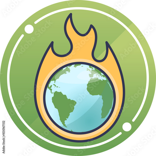 A globe encircled by flames symbolizes global warming and environmental urgency.