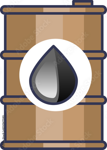 Illustration of a rusty oil barrel with a central oil drop symbolizing energy and industry.