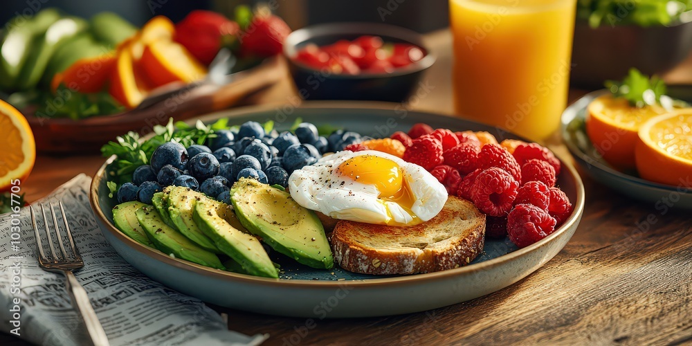 Breakfast spread on wooden table featuring bowl of fresh berries, plate of avocado toast with poached eggs, and glass of freshly squeezed orange juice. Breakfast spread on wooden table featuring bowl of fresh berries, plate of avocado toast with poached eggs, and glass of freshly squeezed orange juice.