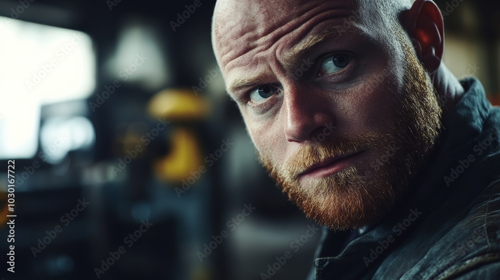 Focused Man with Red Beard in a Workshop, Capturing Intense Look and Craftsmanship Skills Focused Man with Red Beard in a Workshop, Capturing Intense Look and Craftsmanship Skills