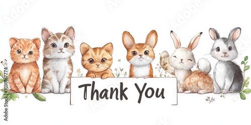  Charming "Thank You" sign with group of animals like cat, dog, and rabbit peeking out from behind the text.