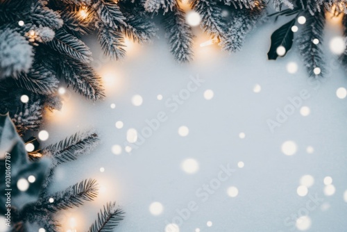 Snow-covered pine branches and glowing lights forming a frame on a starry soft blue background.