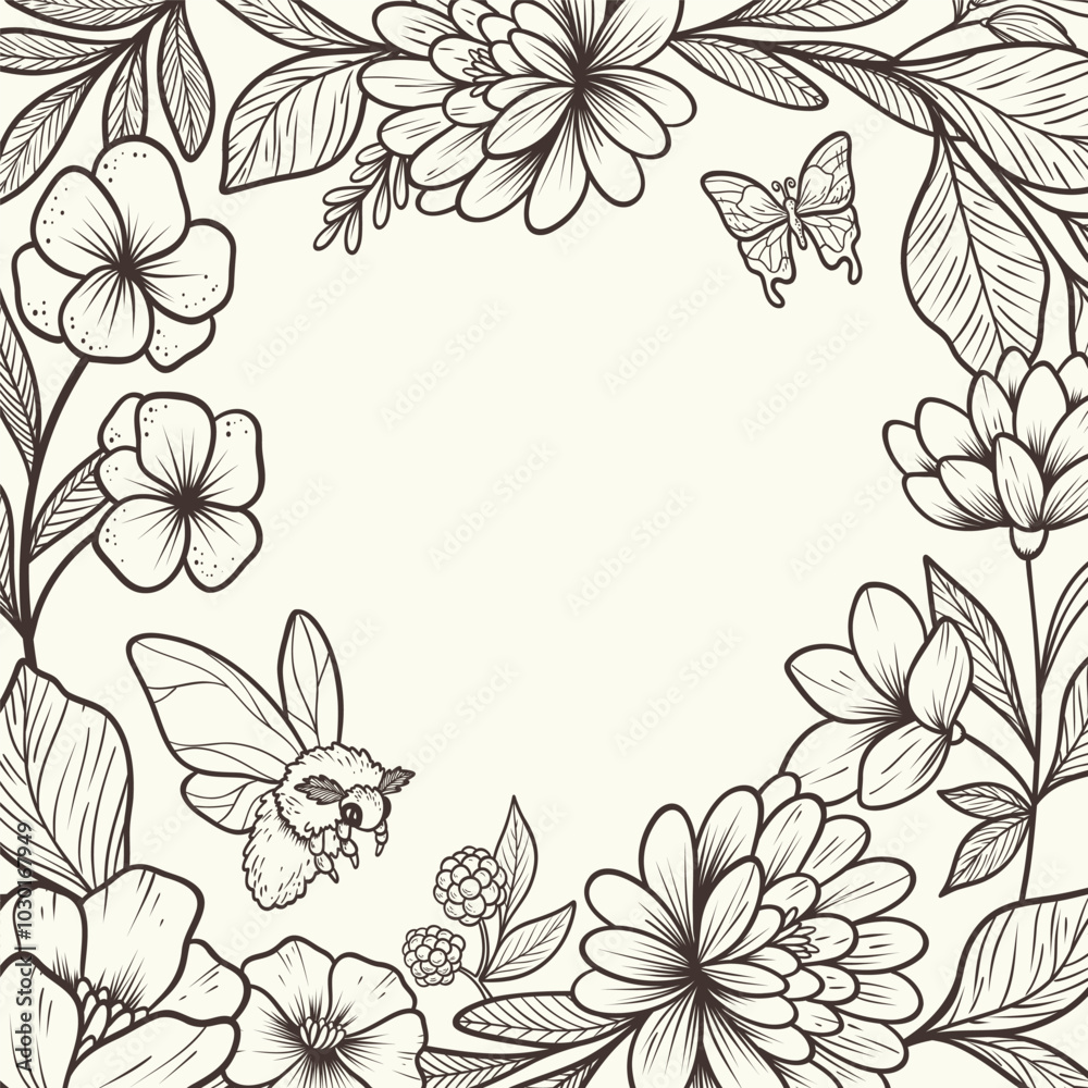Floral engraving frame in hand drawn style