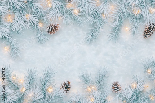 Snow-covered pine branches and glowing lights forming a frame on a starry soft blue background.