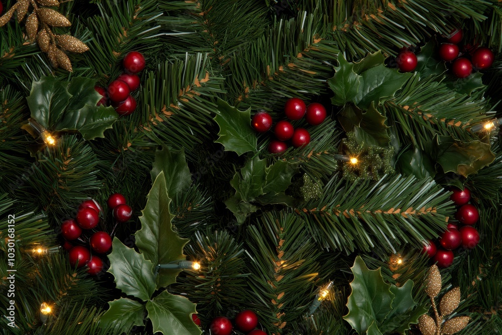 Christmas pine branches artificial holly leaves with red berries, pinecones, and glowing lights on a dark background. Christmas pine branches artificial holly leaves with red berries, pinecones, and glowing lights on a dark background.