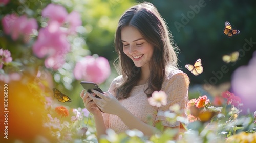 Woman Enjoying Nature and Technology in a Colorful Flower Garden with Butterflies Nearby