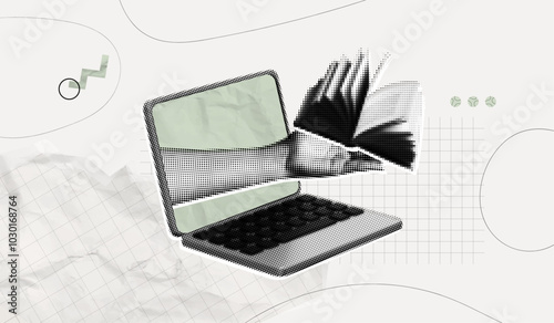 Trendy Halftone Collage Online education concept. Computer laptop with hand and floating book. New course or webinar. Smart thinking and brainstorming. Contemporary vector art illustration